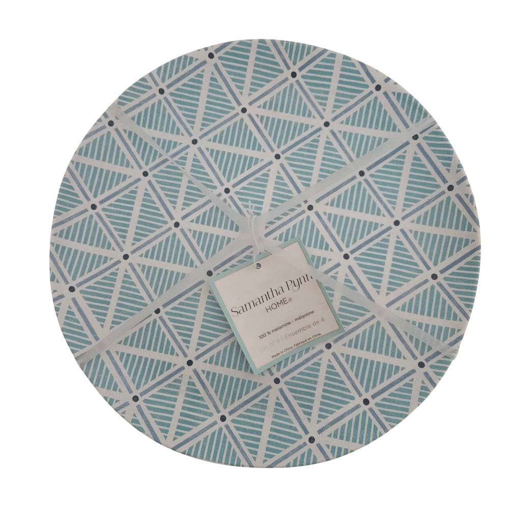 Samantha Pynn Home Melamine Dinner Plates Set 4 Teal Geometric Triangle 10.5in